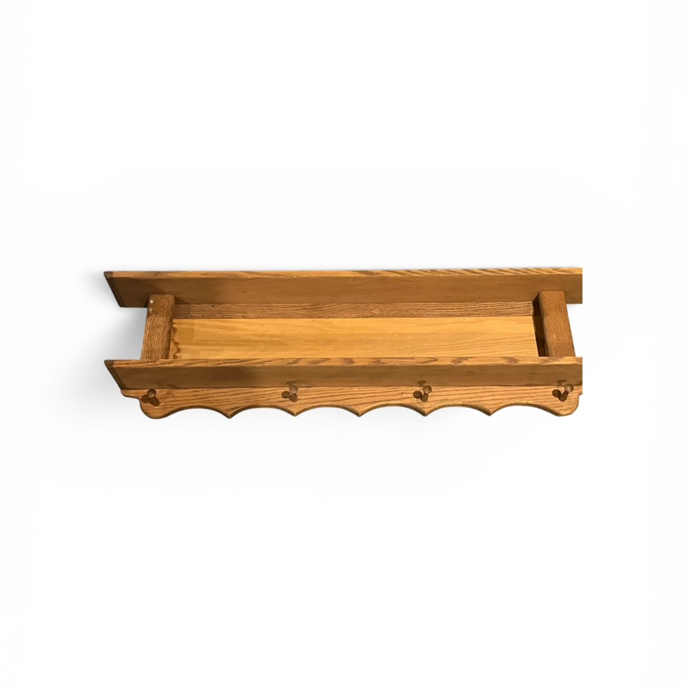 Wooden Wall Shelf with Hooks with Scalloped bottom